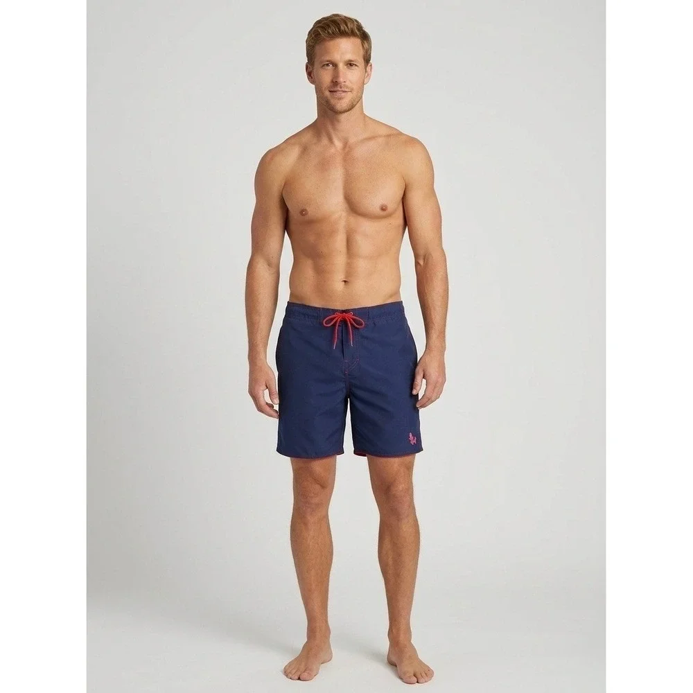 Johnnie-O Mens Navy Blue Red Contrast Swim Trunks Board Shorts Mesh Lining L